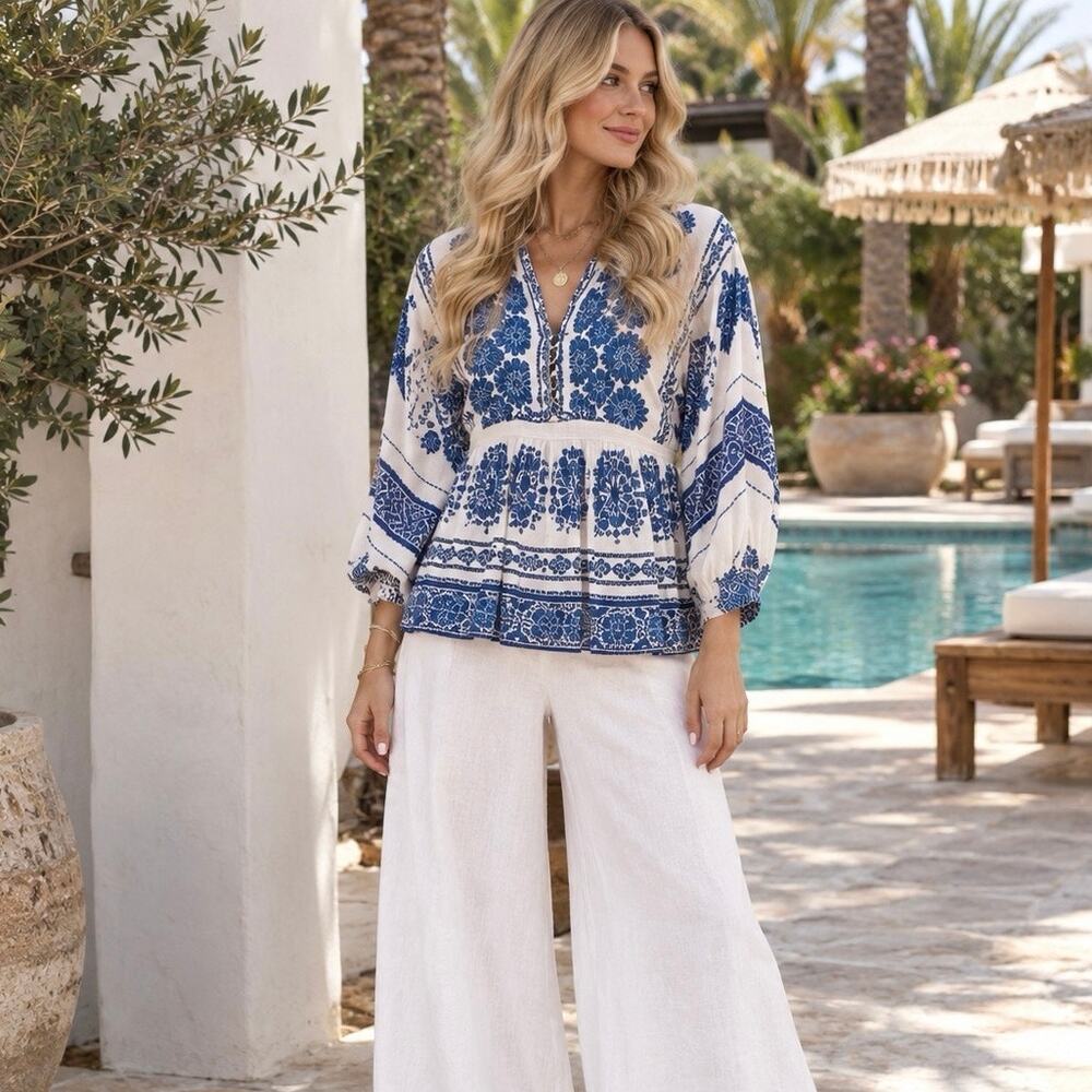 Hale Bob Lou Twill Top Women’s Size XS Bohemian Resort Preppy Peasant Peplum
